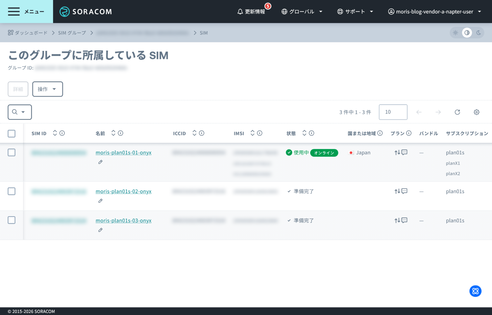 作業者に許可されたグループの SIM 一覧